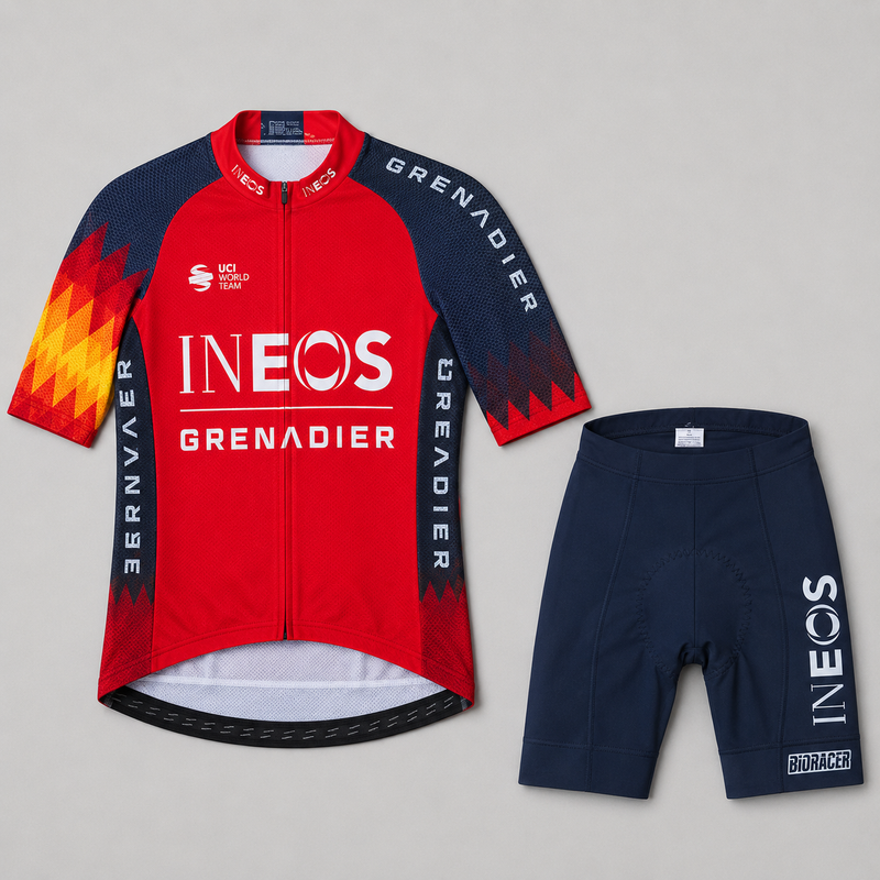 Conjunto de ciclismo Ineos detalhe do design aerodinâmico da camisa