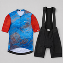 Conjunto de ciclismo masculino respirável detalhe da camisa sublimada e bermuda com gel