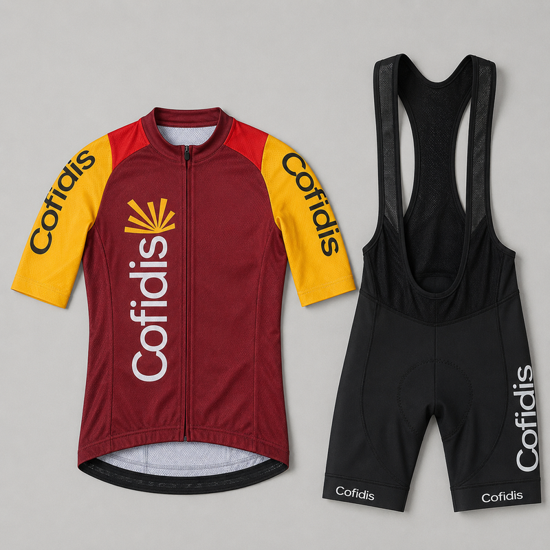 Detalhe do conjunto de ciclismo Cofidis com visual esportivo profissional
